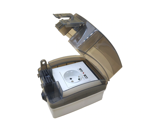 Vodoodporna IP66 nadometna 16 A 230 V zunanja Schuko vtičnica z dvojnim USB priključkom in vodoodpornim zatemnjeno prozornim pokrovom z možnostjo zaklepanja - TISTO