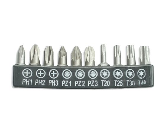 Sæt med bits 10 stk., 25 mm: PH1/2/3, PZ1/2/3, T20/25/30/40 - TISTO