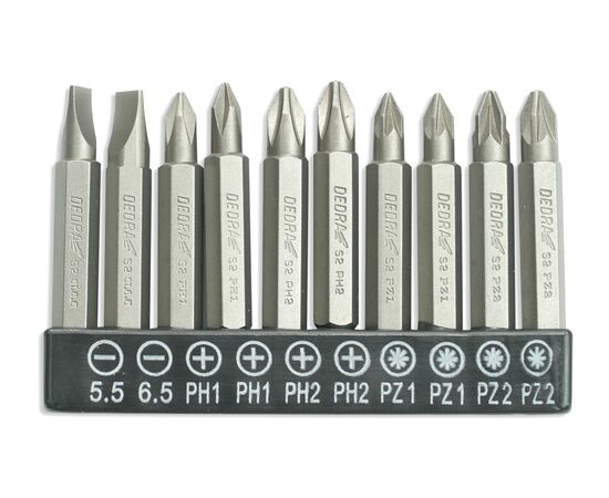 Sæt med bits 10 stk., 50 mm: SL5.5,6.5, PH1 / 2-2 stk., PZ1 / 2-2 stk. - TISTO