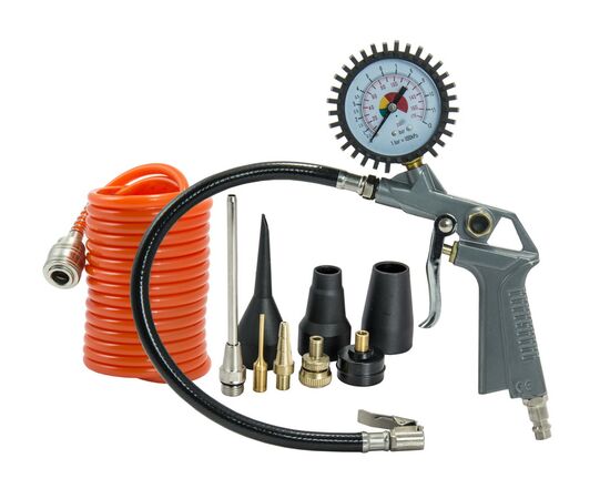 Inflating set, gun with pressure gauge, 3m hose + 8x accessories - TISTO